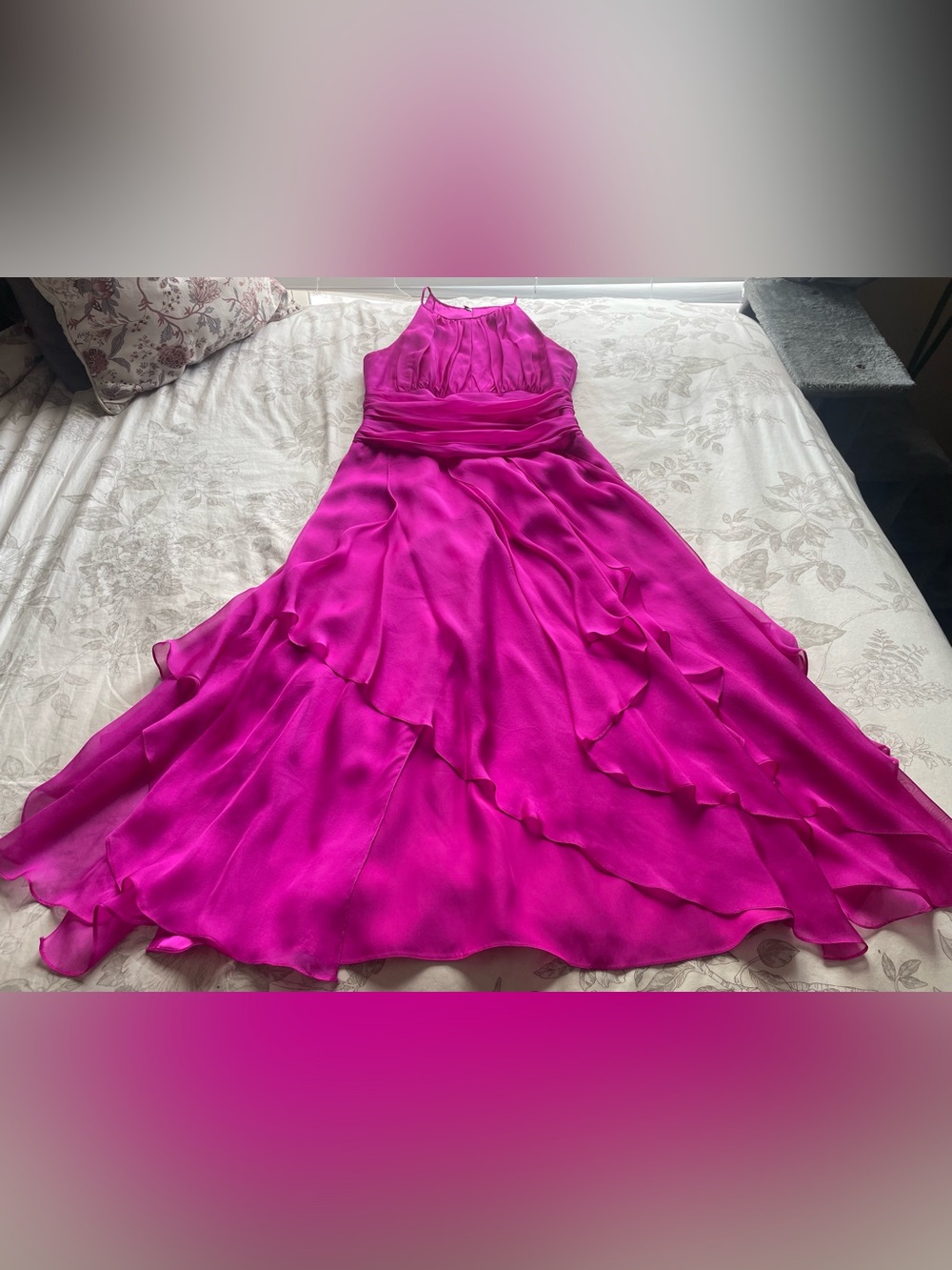 Carmen Marc Valvo Fuchsia Silk High Neck Sleeveless Ruffle Midi Dress 4 Formal